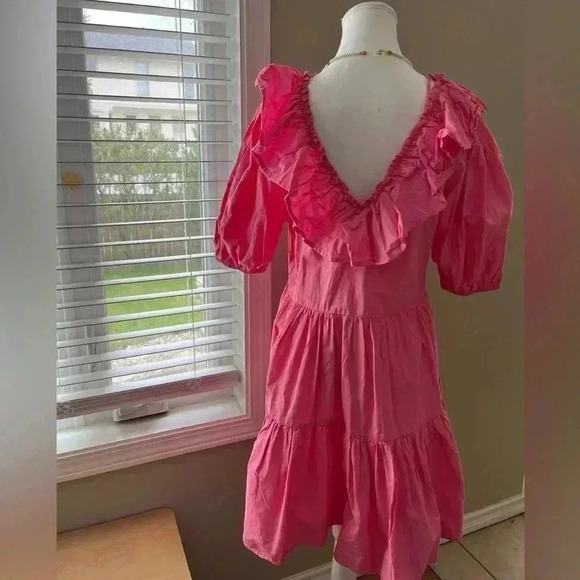 [L]Miss Selfridge Ruffled V  Neck A Shape Mid Sleeve Tiered Cotton Mini Dress - Picture 3 of 10